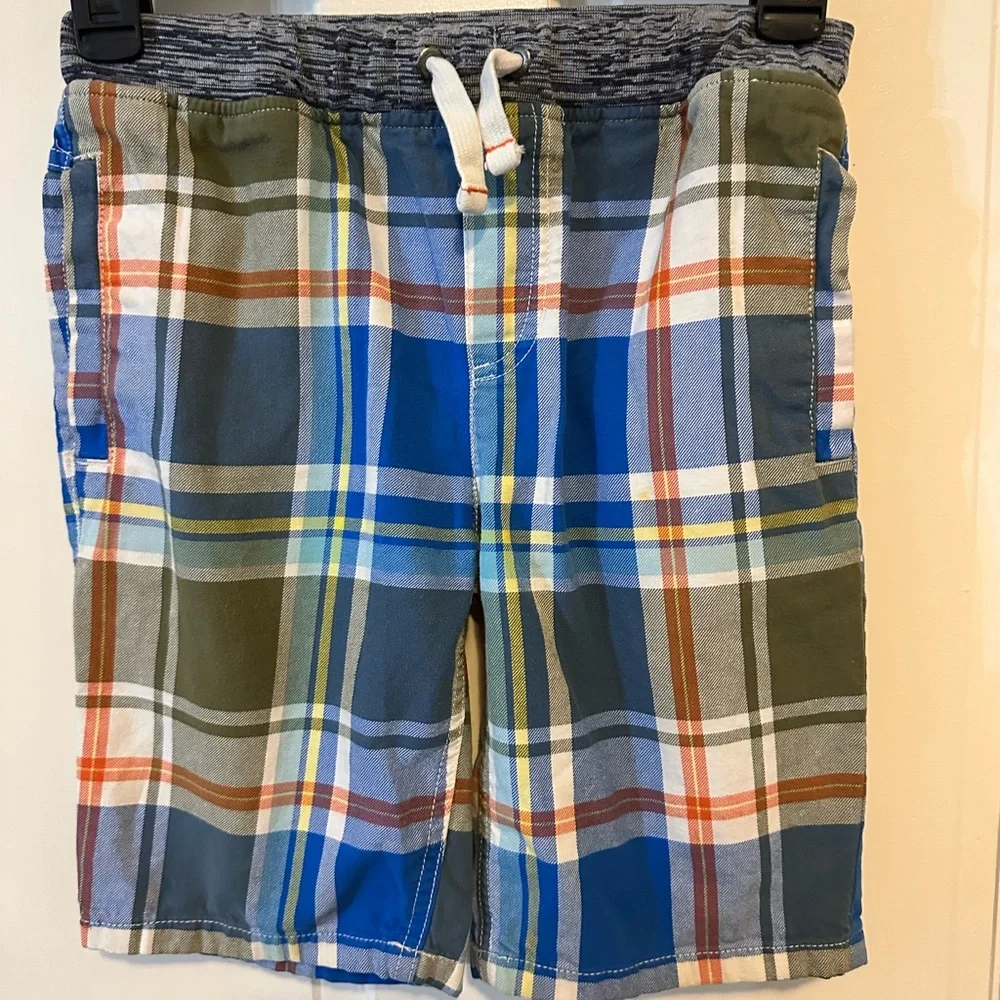 BODEN 9Y Boys Plaid Green Blue Orange Shorts, Drawstring Waist